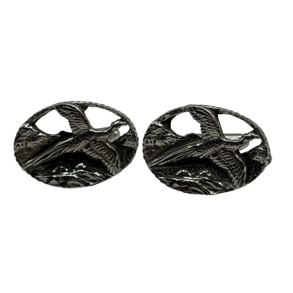 Bird Pheasant In‎ Flight Cufflinks Silver Tone Hunting Oval Open Work Nature